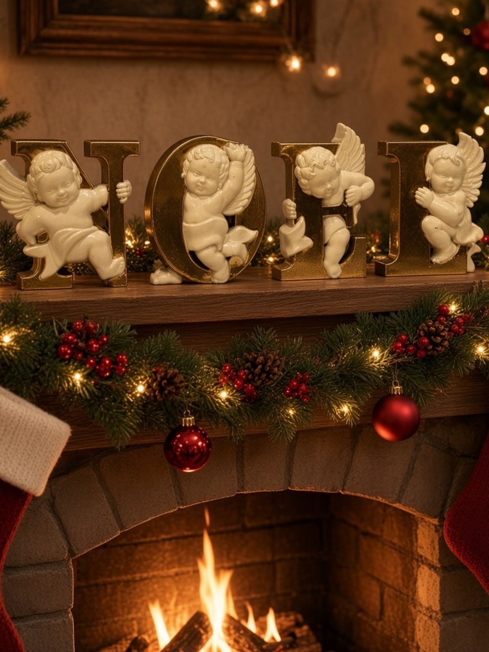Vintage Burwood Cherub 'Noel' Holiday Wall Decor - Gold and Cream